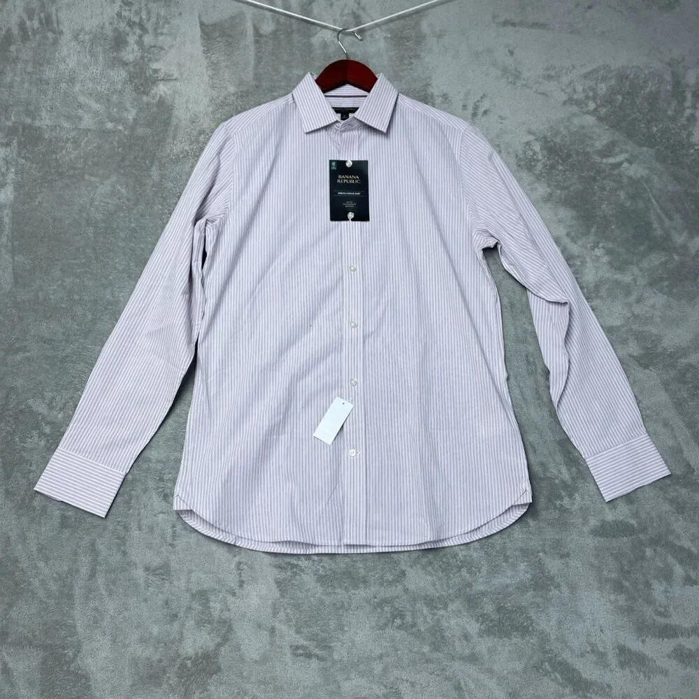 Banana Republic Men's M Slim Fit Stretch Poplin Dress Shirt Purple Striped L1319